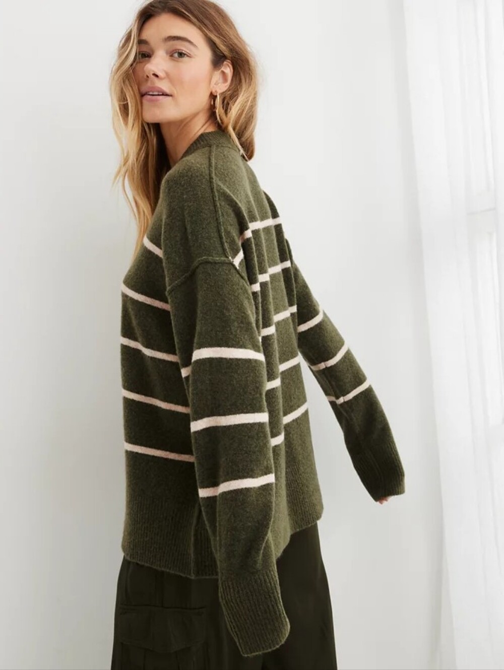 aerie unREAL Striped Sweater, Olive/Cream, Size Medium